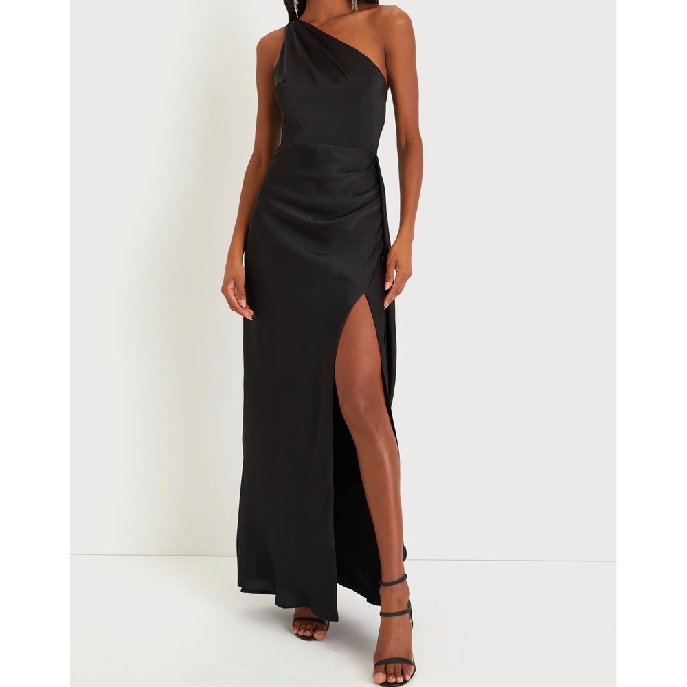 Lulus Signature‎ Elegance Black Satin One-Shoulder Maxi Dress Size L NWT
